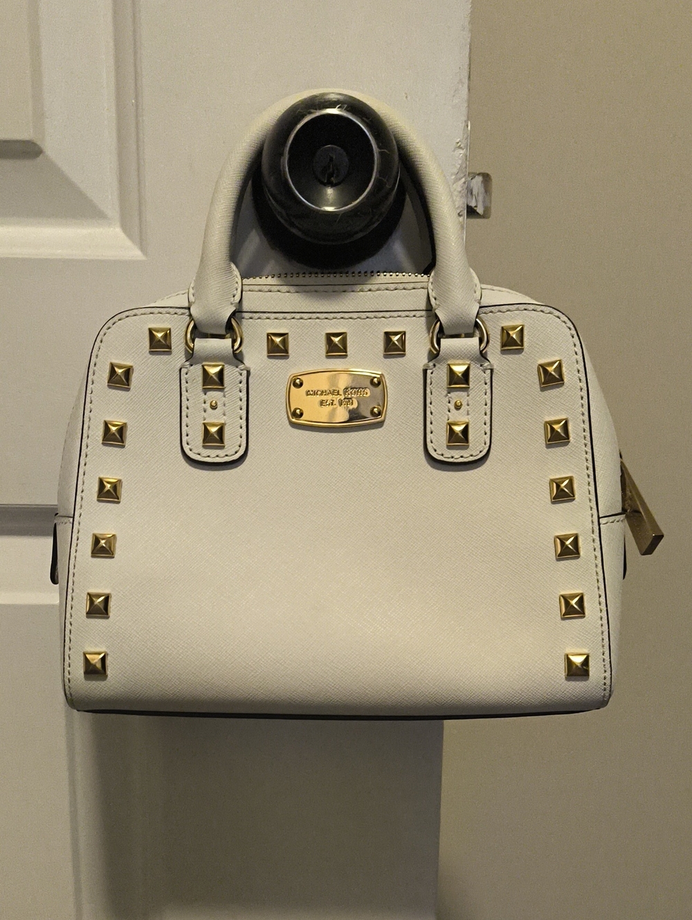 Michael Kors White Leather Satchel with Gold Studs